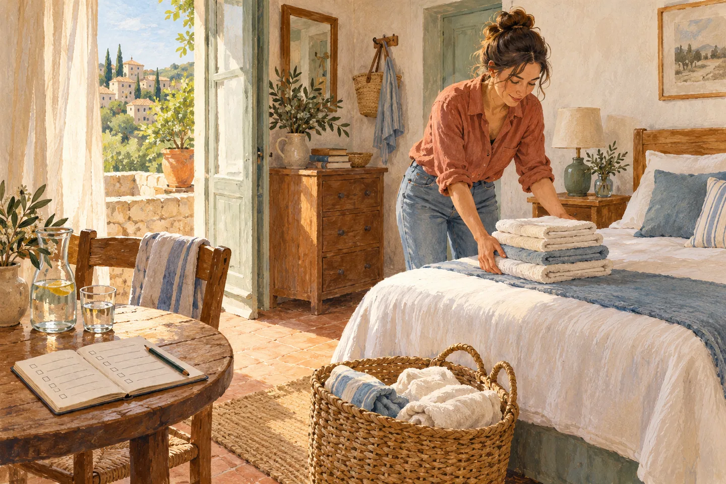 Illustration : une hôte dispose du linge propre dans un logement avant l’arrivée des voyageurs.